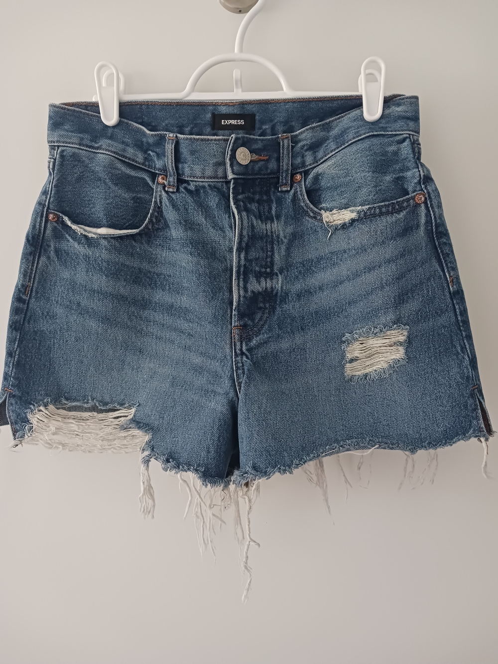 Express Distressed Mid-Blue Denim Cutoff Shorts